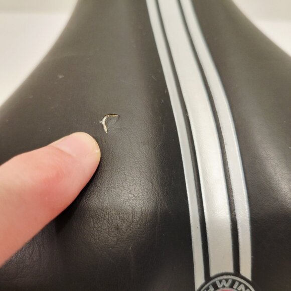 Schwinn Bicycle Viscount M SVT-7 BLACK Saddle SEAT W/GREY Stripe Small Tear - Picture 4 of 7